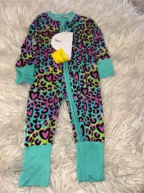 Kids Footie Pajamas in Teal Multicolor Heart & Leopard Print